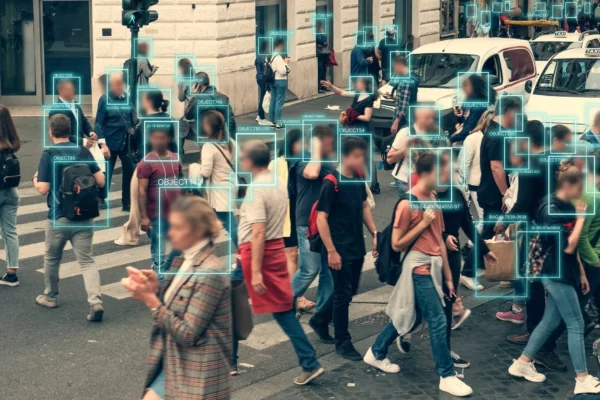 a photograph of a crowded street in ai with what look like facial recognition symbols 600x400 1